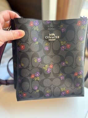 Coach Black Signature Crossbody with Purple & Red Floral Print